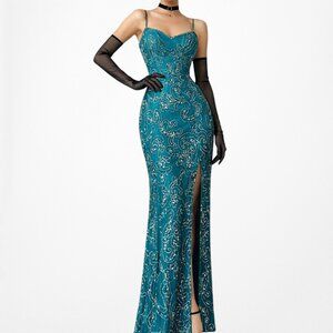 Vintage Y2K 90s Teal Blue Silk Beaded Maxi Bodycon Side Slit Prom Dress Size M
